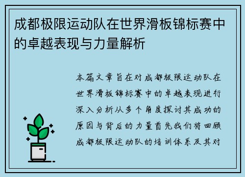成都极限运动队在世界滑板锦标赛中的卓越表现与力量解析