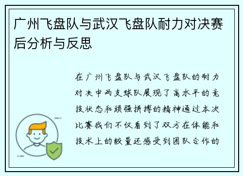 广州飞盘队与武汉飞盘队耐力对决赛后分析与反思